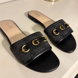 Guess Black and Gold Logo Mules